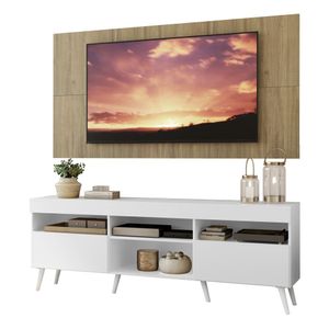 Rack com Painel e Suporte TV 65" Londres Multimóveis Pés Retrô e 2 portas Branco/Rustic/Branco