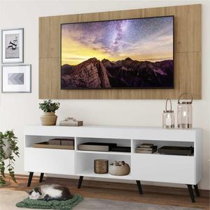 Rack com Painel e Suporte TV 65" Londres Multimóveis Pés Retrô e 2 portas Branco/Rustic/Preto