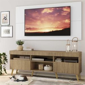 Rack com Painel e Suporte TV 65" Londres Multimóveis Pés Retrô e 2 portas Rustic/Branco/Natural