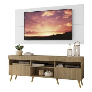 Rack com Painel e Suporte TV 65" Londres Multimóveis Pés Retrô e 2 portas Rustic/Branco/Natural