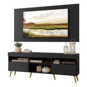 Rack com Painel e Suporte TV 65" Londres Multimóveis Pés Retrô e 2 portas Preto/Natural