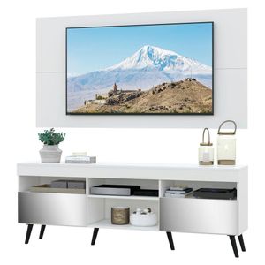 Rack com Espelho, Pés Retrô, Painel e Suporte TV 65" com 2 Portas Londres Multimóveis Branco/Preto