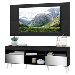 Rack com Espelho, Pés Retrô, Painel e Suporte TV 65" com 2 Portas Londres Multimóveis Preto/Branco