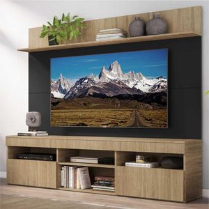 Rack com Painel TV 65" Madri Multimóveis  e Prateleira Rustic/Preto