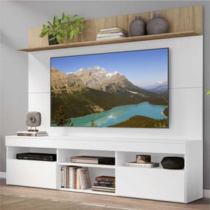 Rack com Painel TV 65" Madri Multimóveis e Prateleira Branco/Rustic