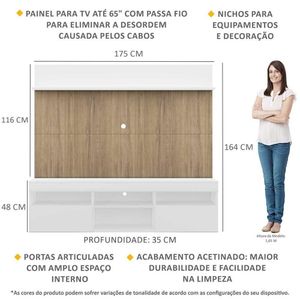 Rack com Painel TV 65" Madri Multimóveis Branco/Rustic e Prateleira Branca