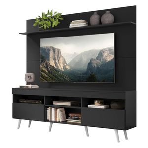 Rack com Painel TV 65" Madri Multimóveis Pés Retrô e Prateleira  Preto/Branco