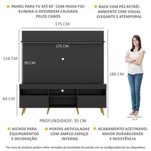 Rack com Painel TV 65" Madri Multimóveis Pés Retrô e Prateleira Preto/Natural