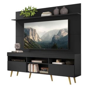 Rack com Painel TV 65" Madri Multimóveis Pés Retrô e Prateleira Preto/Natural