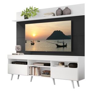 Rack com Painel TV 65" Madri Multimóveis Branco/Preto com Prateleira e Pés Retrô Branco