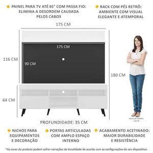Rack com Painel TV 65" Madri Multimóveis Branco/Preto com Prateleira e Pés Retrô Preto