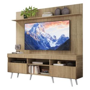 Rack com Painel TV 65" Madri Multimóveis Rustic com Prateleira e Pés Retrô Branco