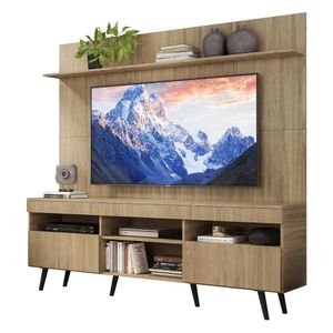 Rack com Painel TV 65" Madri Multimóveis Rustic com Prateleira e Pés Retrô Preto