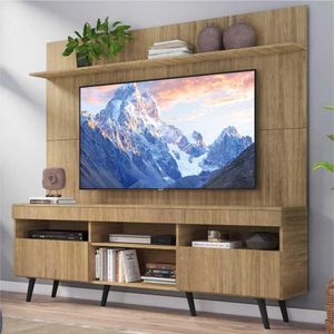 Rack com Painel TV 65" Madri Multimóveis Rustic com Prateleira e Pés Retrô Preto