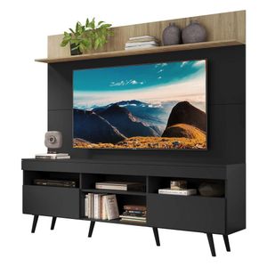 Rack com Painel TV 65" Madri Multimóveis Preto/Rustic com Prateleira e Pés Retrô Preto