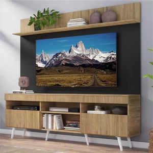 Rack com Painel TV 65" Madri Multimóveis Rustic/Preto com Prateleira e Pés Retrô Branco