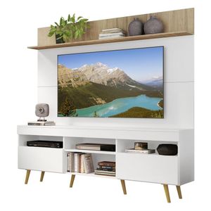 Rack com Painel TV 65" Madri Multimóveis Branco/Rustic com Prateleira e Pés Retrô Natural