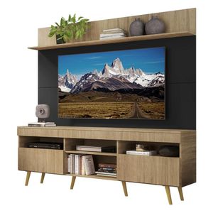 Rack com Painel TV 65" Madri Multimóveis Rustic/Preto com Prateleira e Pés Retrô Natural