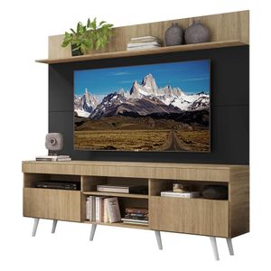 Rack com Painel TV 65" Madri Multimóveis Rustic/Preto com Prateleira e Pés Retrô Branco