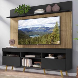 Rack com Painel TV 65" Madri Multimóveis Preto/Rustic com Prateleira e Pés Retrô Natural