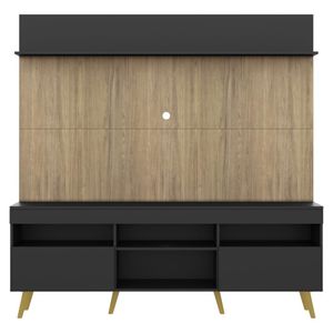 Rack com Painel TV 65" Madri Multimóveis Preto/Rustic com Prateleira e Pés Retrô Natural