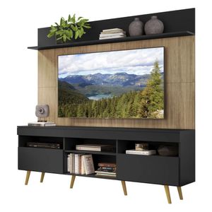 Rack com Painel TV 65" Madri Multimóveis Preto/Rustic com Prateleira e Pés Retrô Natural