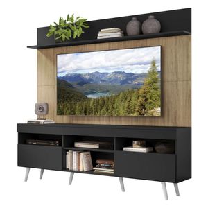 Rack com Painel TV 65" Madri Multimóveis Preto/Rustic com Prateleira e Pés Retrô Branco