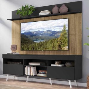 Rack com Painel TV 65" Madri Multimóveis Preto/Rustic com Prateleira e Pés Retrô Branco