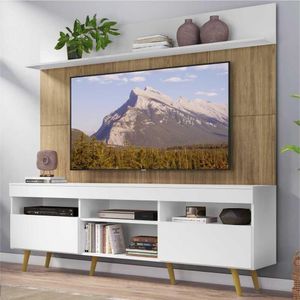 Rack com Painel TV 65" Madri Multimóveis Branco/Rustic com Prateleira e Pés Retrô Natural