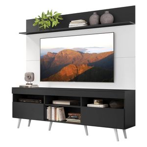 Rack com Painel e Suporte TV 65" Madri Multimóveis Preto/Branco com Prateleira e Pés Retrô Branco