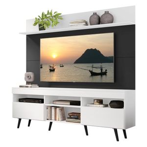 Rack com Painel e Suporte TV 65" Madri Multimóveis Branco/Preto com Prateleira e Pés Retrô Preto