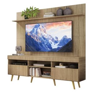 Rack com Painel e Suporte TV 65" Madri Multimóveis Rustic com Prateleira e Pés Retrô Natural