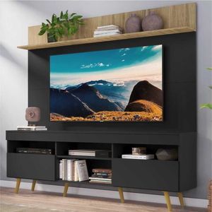 Rack com Painel e Suporte TV 65" Madri Multimóveis Preto/Rustic com Prateleira e Pés Retrô Natural
