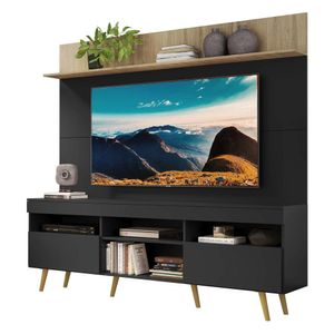 Rack com Painel e Suporte TV 65" Madri Multimóveis Preto/Rustic com Prateleira e Pés Retrô Natural