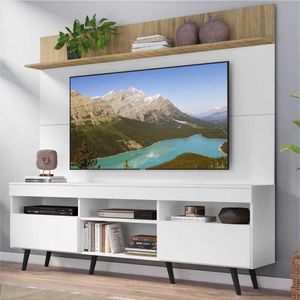 Rack com Painel e Suporte TV 65" Madri Multimóveis Branco/Rustic com Prateleira e Pés Retrô Preto