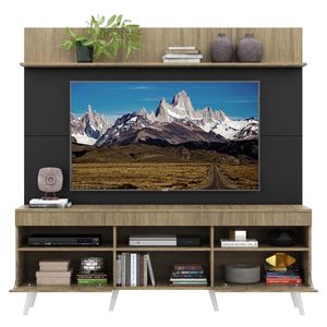 Rack com Painel e Suporte TV 65" Madri Multimóveis Rustic/Preto com Prateleira e Pés Retrô Branco