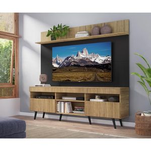 Rack com Painel e Suporte TV 65" Madri Multimóveis Rustic/Preto com Prateleira e Pés Retrô Preto