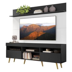 Rack com Painel e Suporte TV 65" Madri Multimóveis Preto/Branco com Prateleira e Pés Retrô Natural