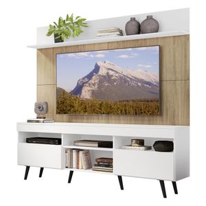 Rack com Painel e Suporte TV 65" Madri Multimóveis Branco/Rustic com Prateleira e Pés Retrô Preto