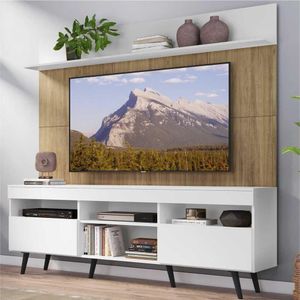 Rack com Painel e Suporte TV 65" Madri Multimóveis Branco/Rustic com Prateleira e Pés Retrô Preto