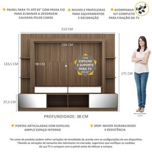 Rack c/ Painel e Suporte TV 65" Portas c/ Espelho Oslo Multimóveis Madeirado/Preto