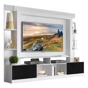 Rack c/ Painel e Suporte TV 65" Prateleiras c/ Espelho Oslo Multimóveis Branco/Preto