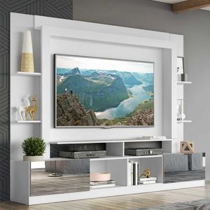 Rack c/ Painel TV 65" Portas c/ Espelho Oslo Multimóveis Branco/Lacca Fumê