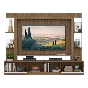 Rack c/ Painel TV 65" Prateleiras c/ Espelho Oslo Multimóveis Madeirado/Branco