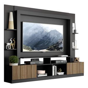 Rack Estante com Painel TV 65" e 2 portas Oslo Multimóveis Preto/Madeirado