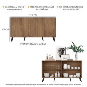 Aparador Buffet 4 Portas c/ Pés Retrô Veneza Multimóveis Rustic/Preto