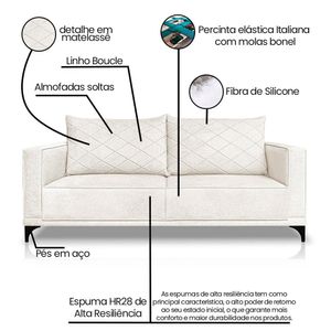 Sofá Living 3 Lugares com Pés de Ferro Almofadas Soltas 220cm Neso Bouclê Off White G63 - Gran belo