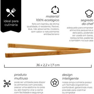 Pinça Culinária Reta De Bambu Multiuso 36cm