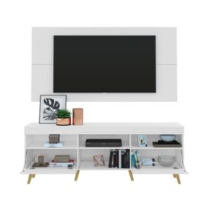 Rack c/ Painel P/TV 65", espelho e pés retrô Flórida Multimóveis Branco/Natural