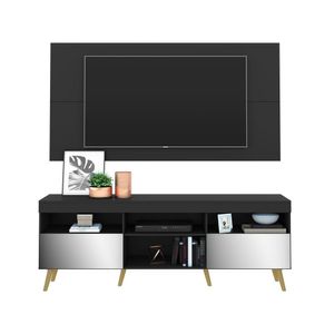 Rack c/ Painel P/TV 65", espelho e pés retrô Flórida Multimóveis Preto/Natural